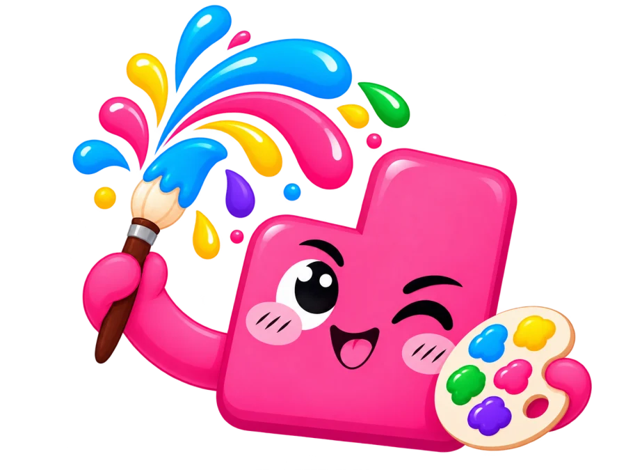 A pink mascot waving a paintbrush and holding a palette